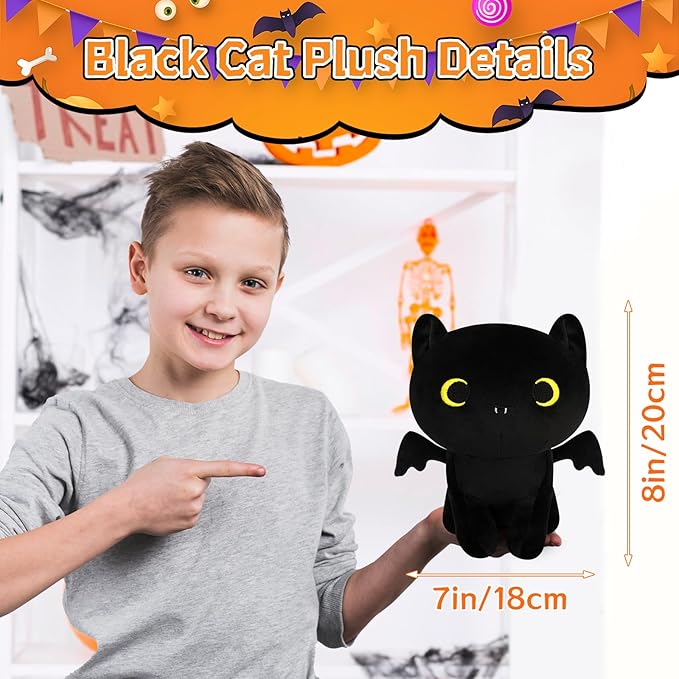 Halloween Cat Plush, Black Cat & Bat Plushies for Kids, Soft Stuffed Animal, Party Favor