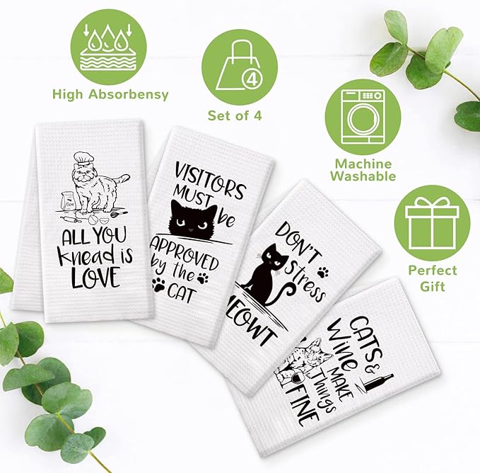Vansolinne Funny Cat Kitchen Towels Decorative Waffle Tea Towels Absorbent Dish Towels Set of 4 - Fun Hostess Kitchen Decor, Cat Kitchen Collection, Housewarming Presents