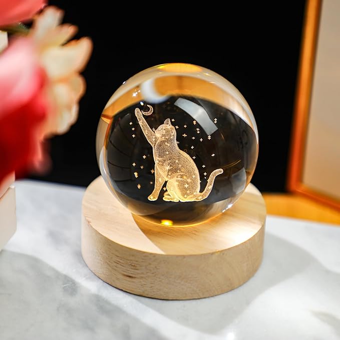 YU FENG 3D Carved Cat Crystal Ball with Light Base for Cat Lovers and Home Decor 2.36 Inch