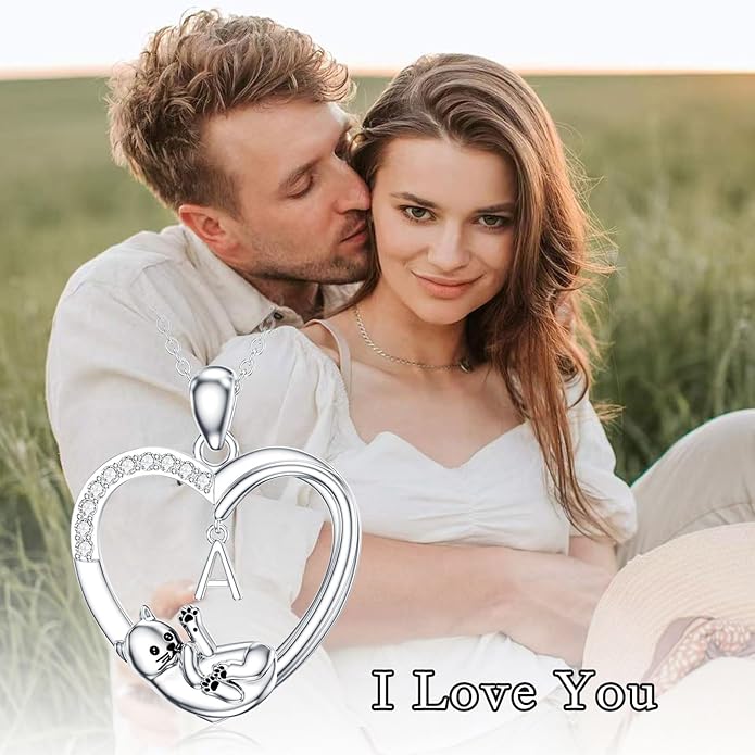 LONAGO Cat Heart Necklace with Initial Silver Cat Initial Necklace 26 Alphabets Cat Jewelry Gift for Women