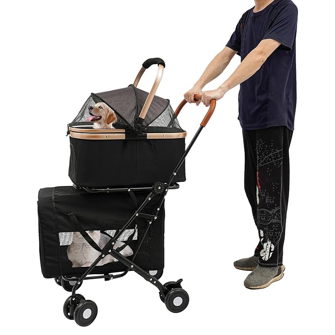 2-Layers Pet Stroller for 2 Cats/Dogs,Foldable Lightweight 77lbs Capacity Carrier, 4 Wheels, Removable Basket & Storage Pocket,for Small Pets (Black)