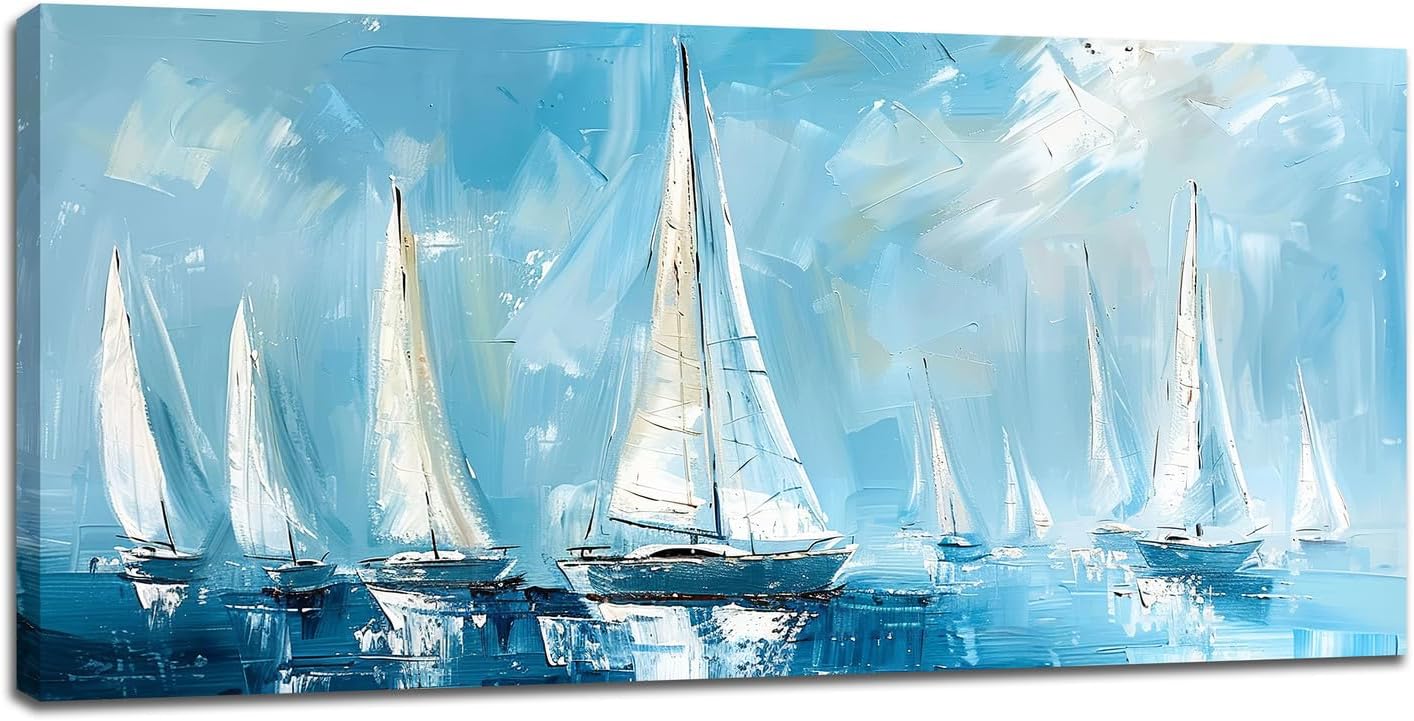 Large Blue and White Sailboat Wall Art Nautical Sails Canvas Living Room Ocean Pictures Framed Prints Oversize Wall Decor Painting Artwork for Bedroom Dining Office Home 60"x30"