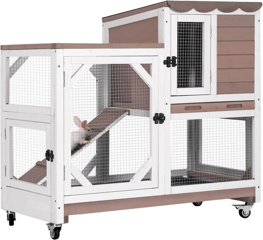 GUTINNEEN Rabbit Hutch Indoor Rabbit Cage with Wheels Outdoor Bunny House 2 Story Guinea Pig Cage with Leakproof Tarp Roof