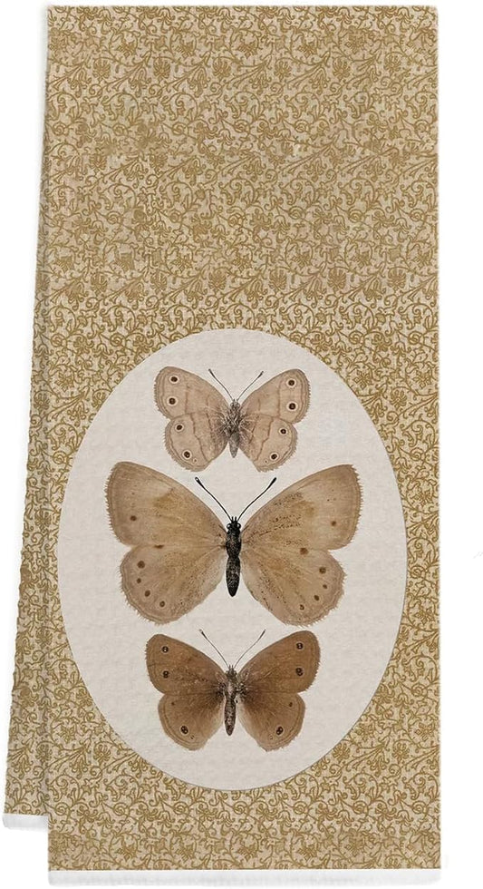 Vintage Butterfly Kitchen Towels, Cottagecore Neutral Butterfly Decorative Dish Tea Towels for Kitchen, Retro Insect Moth Hand Towels for Bathroom, 16x24 Inch