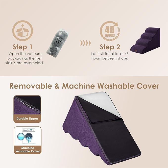 EHEYCIGA Curved Dog Stairs Ramp for High Beds 19.7" H, 4-Step Dog Steps for Small Dogs and Cats, Pet Stairs for High Bed Climbing, Non-Slip Balanced Pet Step Indoor, Purple