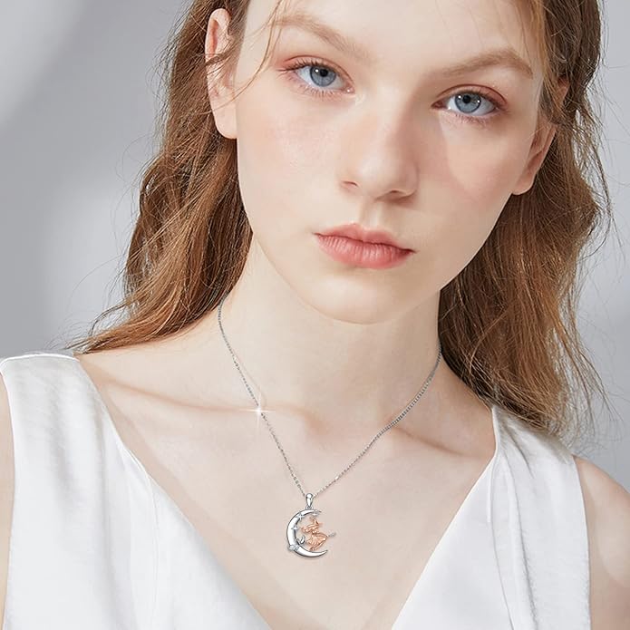 YFN Sterling Silver Cat Witch Necklace Hanging on Broom - Women's Witch Jewelry Gift