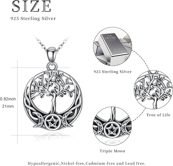 Witch Necklace 925 Sterling Silver Pentagram Triple Moon Pentacle Pendant Wiccan Pagan Jewelry Witchy Gifts for Women