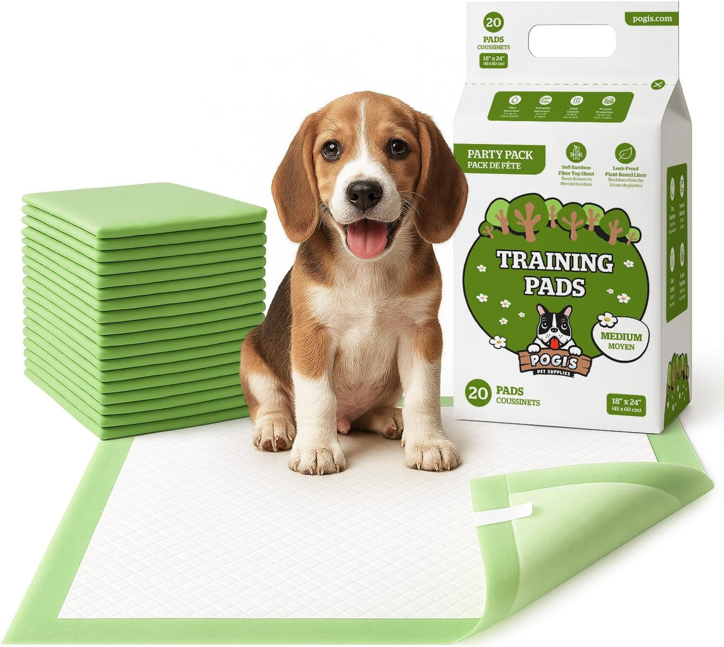 Pogi’s Puppy Pads with Sticky Tabs – Medium, Super Absorbent, Odor Blocking, 20-Count (18x24in)