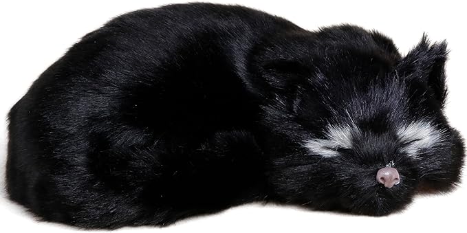 Realistic Furry Sleeping Cat Figurine Simulation Kitty Lifelike Kitten Home Office Shelf Decorative Statue, Synthetic Fur Pet Replica (Black)