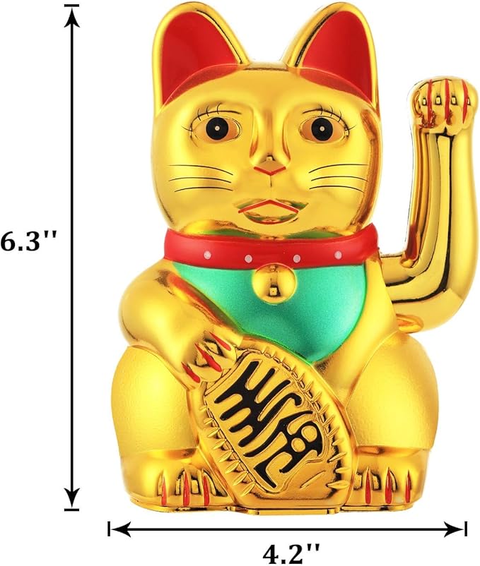 Gold/Black/White Maneki Neko Lucky Cat,Fengshui Cat- Waving Arm Battery Operated for Fortune Money and Good Luck (Gold, 6 in)