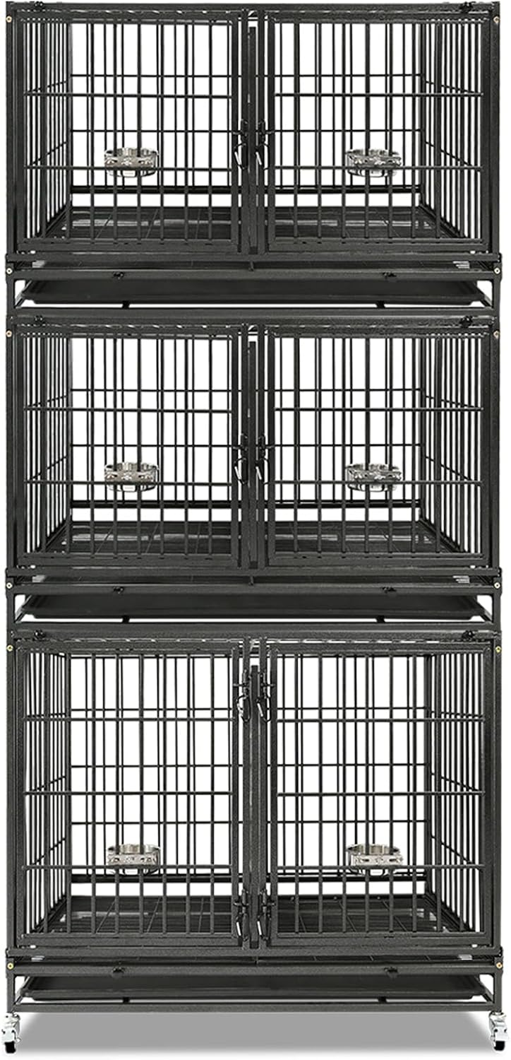 Homey Pet 43 Inch Stackable Heavy Duty Dog Crate Cage Kennel with Lockable Wheels, Removable Tray & Grid, Divider, Feeding Bowls, Escape Proof Drop Cage Bank for Small Medium Large Sized Dogs(3 Tiers)