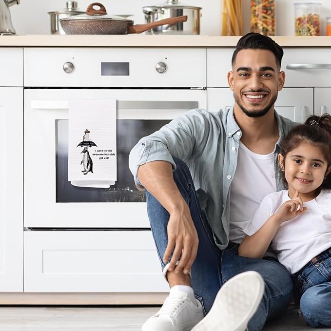 Funny Penguin Bathroom Hand Towels, Quirky Penguin Decorative Hand Towels for Bathroom Decor, I Can't Let This Awesome Hairstyle Get Wet Decorative Kitchen Dish Towels, 16x24 Inch