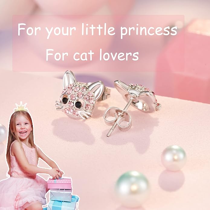 Lanqueen Cute Cat Stud Earrings for Girls Hypoallergenic Cat Cubic Zirconia Earrings for Women Teens Girls