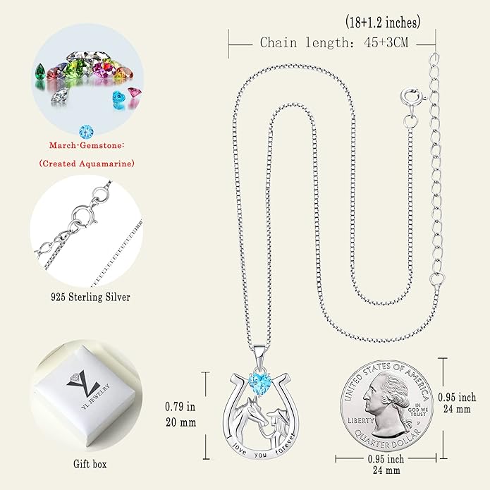 YL Women's Horse Necklace 925 Sterling Silver Horseshoe Pendant Birthstone Animals Jewelry