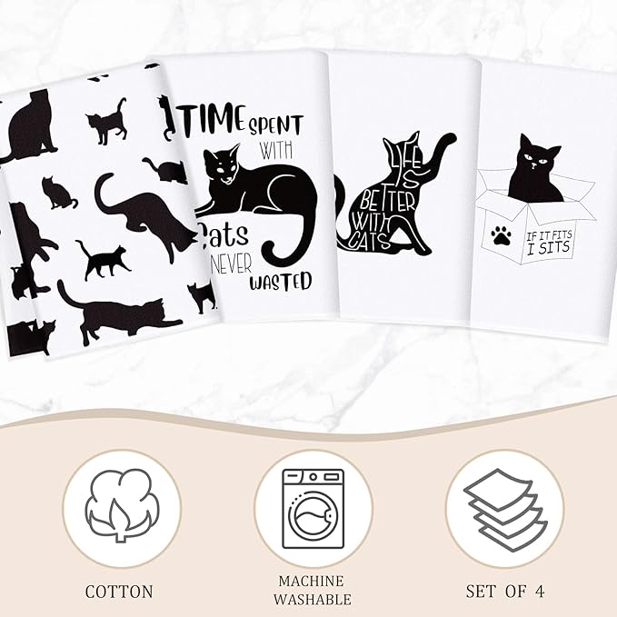 Vesici 4 Pieces Funny Cat Kitchen Towels Cute Cat Theme Dish Absorbent Kitchen Tea Farmhouse Decorative Hand Towels for Housewarming Birthday Pet Lover Fun Gift