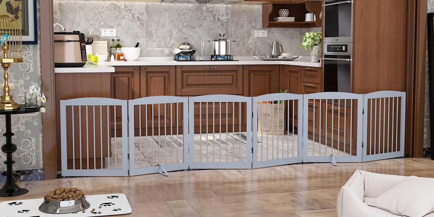 Freestanding Pet Gate for Dogs, Foldable Wooden Dog Gate for House, Extra Wide Indoor Pet Barrier for Stair, Doorway, Hall, Support Feet Included, 120 Inch Wide, 6 Panels 24", Grey