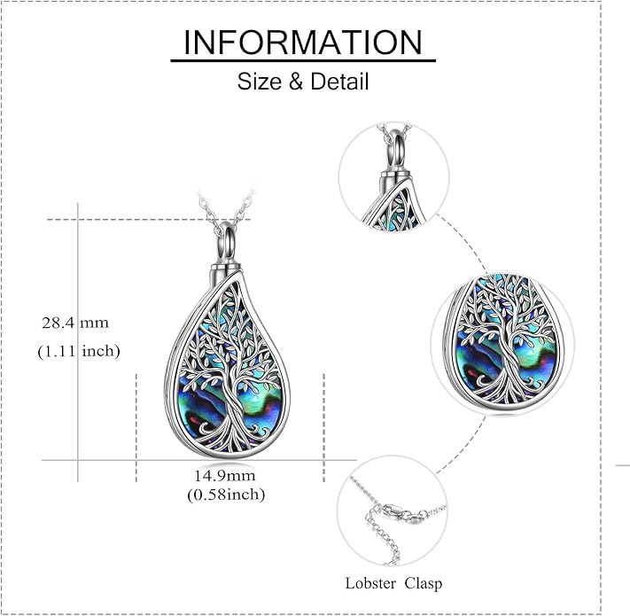 URONE Urn Necklaces for Ashes 925 Sterling Silver Abalone Shell Tree of Life Cremation Jewelry for Ashes Memory Jewelry for Women Men