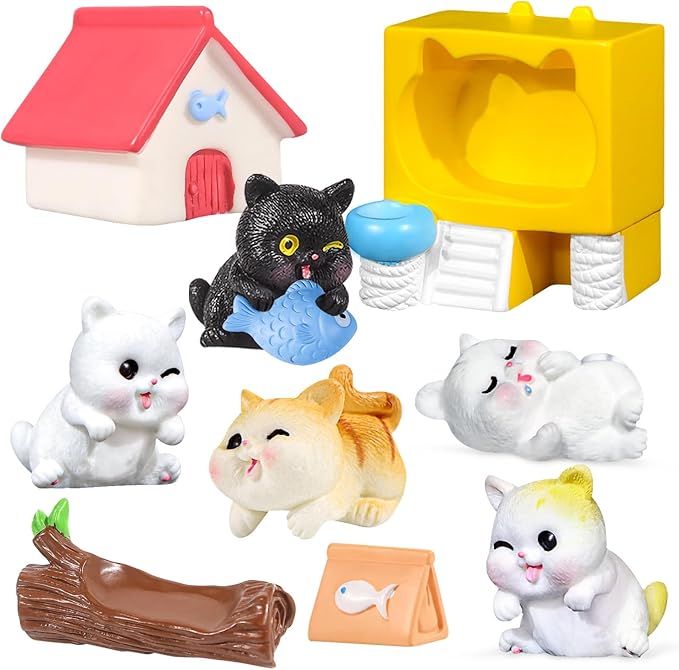 10Pack Mini Cat Figures Playset, Miniature Cute Cartoon Kitty Characters Fairy Garden Toys for Kids Birthday Baby Shower Dollhouse Easter Cake Decorations