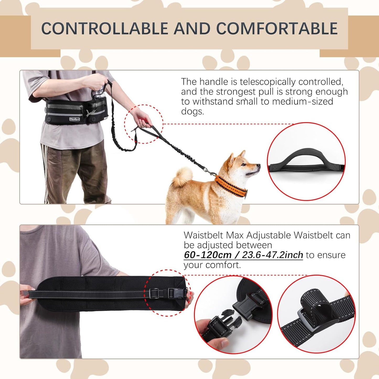 Hands-Free Dog Leash With Pouch, Waist Attachment for Walking Two Dogs, Reflective Stitching, Dual Handle, Bungee Retractable Running for Medium to Large Dogs Black