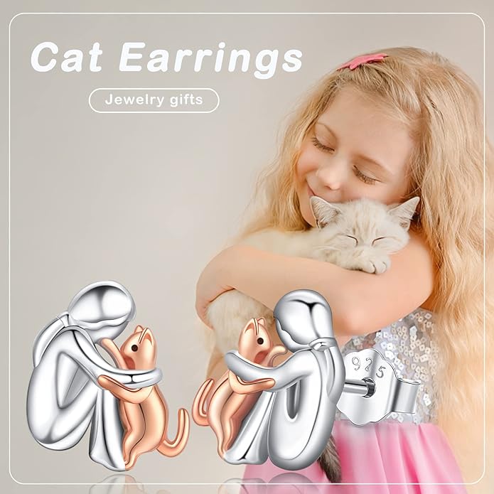 925 Sterling Silver Cat Earrings Cute Animal Kitten Stud Earrings cat Jewelry Gifts for Women Girls Hypoallergenic Earrings for Sensitive Ears
