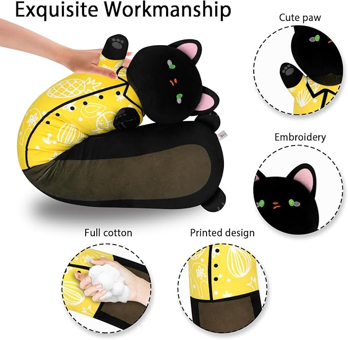 Long Cat Plush Pillow, Cat Stuffed Animals, Big Cat Throw Pillow, Black Sleeping Cat Doll Large Kitty Plush Pillow, Soft Plush Cat-Shaped Cushion for Kids and Cat Lovers, 20"
