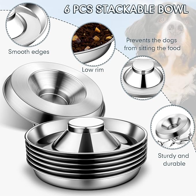 Zopeal 6 Pcs Puppy Food Bowls 11.8" Stainless Steel Puppy Feeding Bowl Dog Food Water Bowls, Weaning Feeder for Litters, Small Medium Large Dogs, Pets