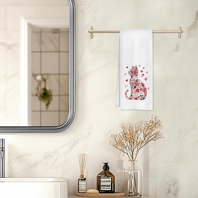 Floral Cat Kitchen Towels, Cat Lovers Gifts Hand Towels for Bathroom, Kitchen Bathroom Decor, 16x24 Inch