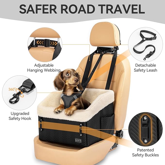 PETSFIT Small Dog Car Seat, Waterproof PU Leather Dog Booster Car Seat with Patented Safe Buckles, Detachable Dogs Seat Belt for Car, Dog Car Seat Medium Sized Dog up to 30 lbs (Black)