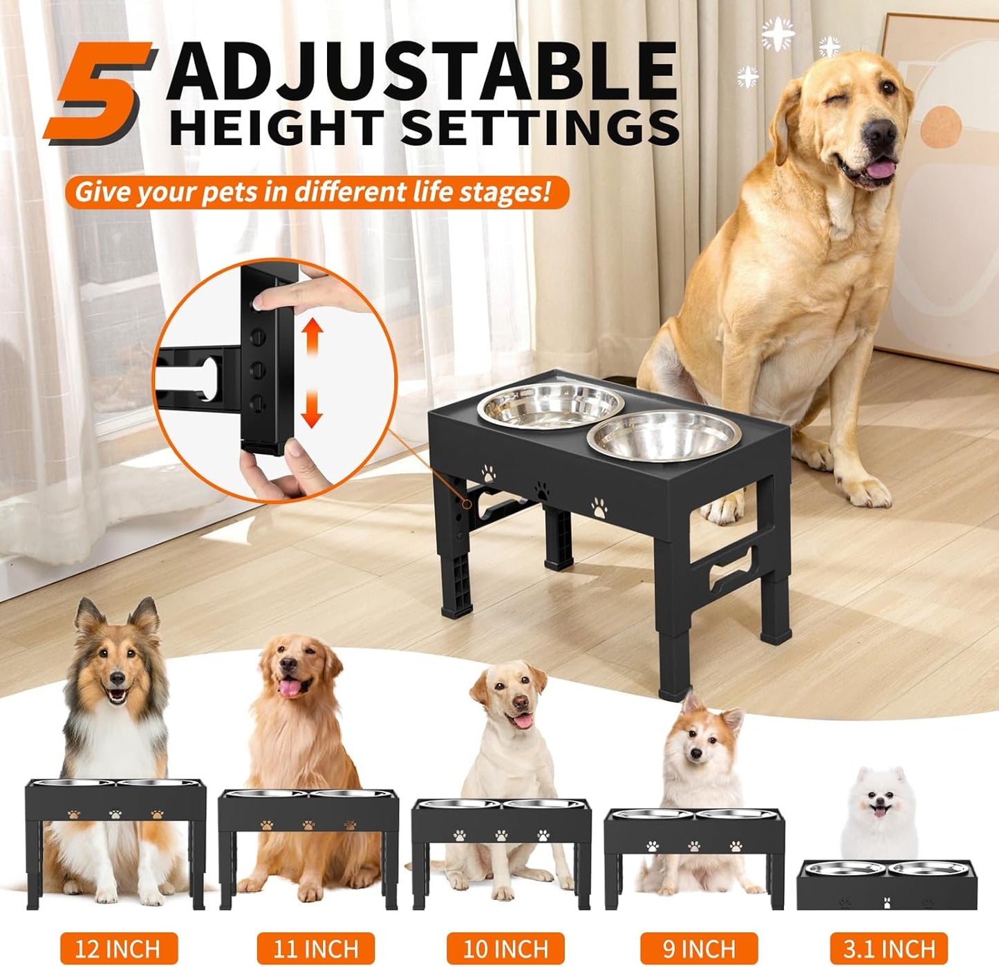 Elevated Dog Bowls with 2 Stainless Steel Bowls, Raised Dog Food Bowl Stand 5 Height Adjustable (3.1", 9", 10", 11", 12") Non-Slip Feeder Station Set for Medium and Large Dogs - Black