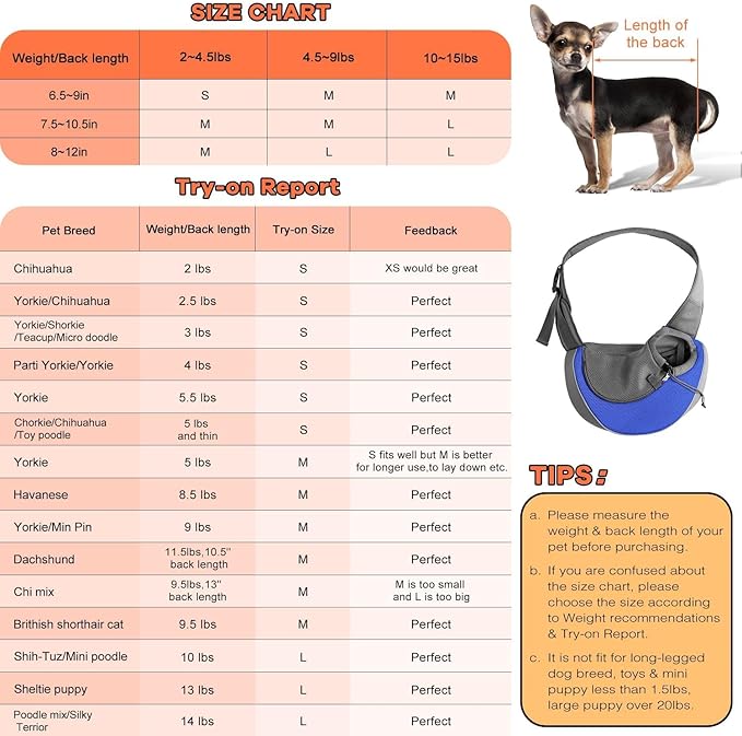 YUDODO Pet Sling Carrier for Small Dogs & Cats – Hands-Free Puppy Carrier with Safety Hook, Large Zipper Pocket, Soft Breathable Mesh, Adjustable Strap & Reflective Strip (Blue 1.0 M)