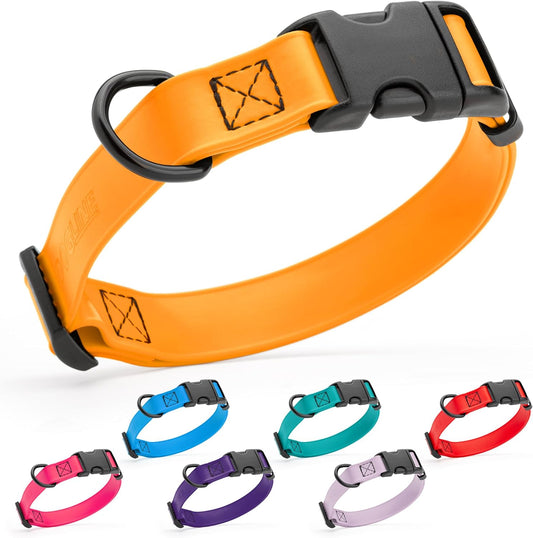 Dogline Biothane Waterproof Dog Collar with Quick Release Buckle Strong Coated Nylon Webbing with Odor- Proof for Easy Care Easy to Clean Fits Small Medium Large Dogs, Tangerine Orange 5/8" W 9-14" L