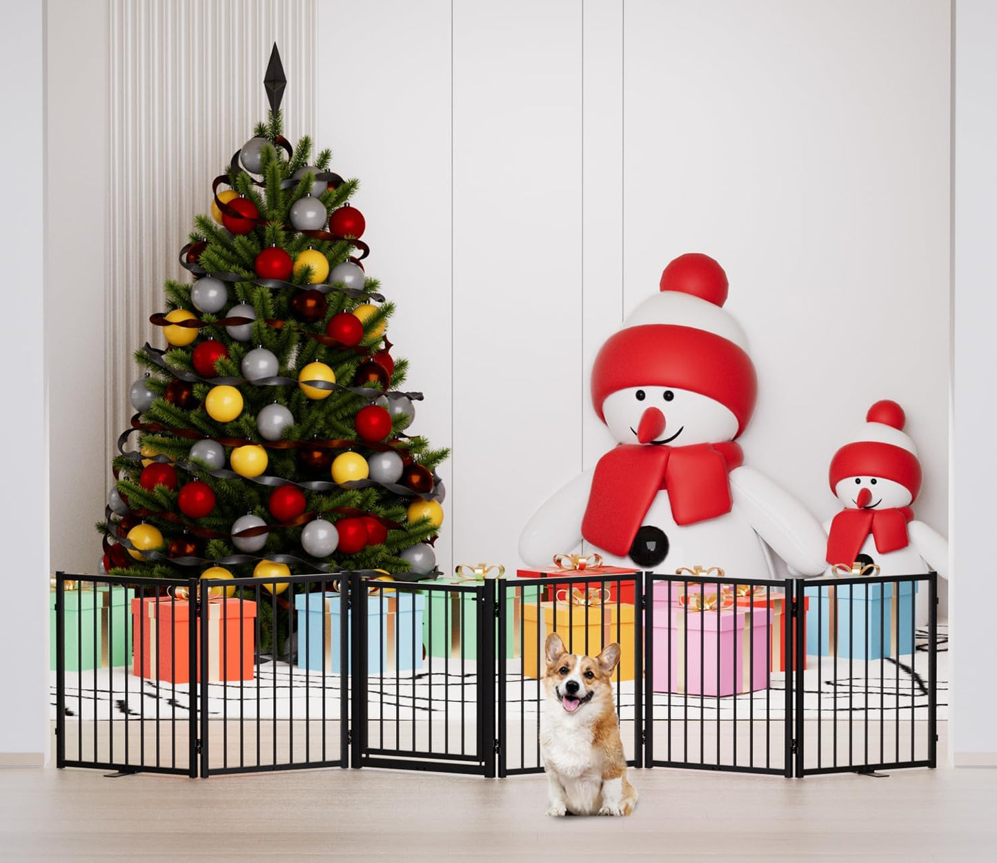 Full Metal Freestanding Dog Gate with Door, 24'' Height Foldable Pet Dog Fence for Indoor & Outdoor, 6 Panels Extra Wide Free Standing SmallDog Gates for Doorways,House,Stairs,Porch,Deck,Yard