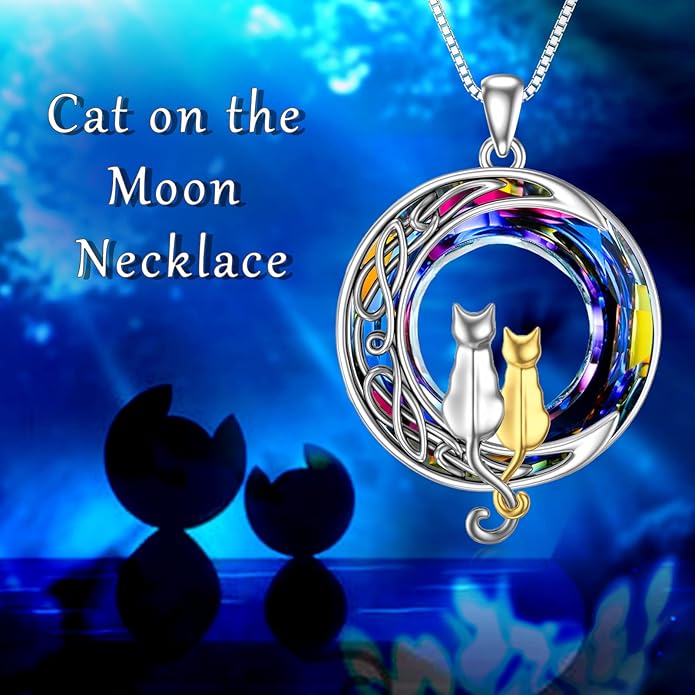 TOUPOP Cat Gifts for Cat Lovers 1 2 3 Cats Necklace Sterling Silver Cat on the Moon Pendant Necklace with Blue Circle Crystal Birthday Christmas Celtic Jewelry Gifts for Women