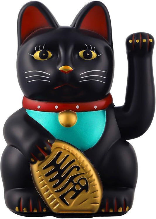 Maneki Neko Lucky Cat,Fengshui Cat- Waving Arm Battery Operated for Fortune Money and Good Luck (Black, 6 in)