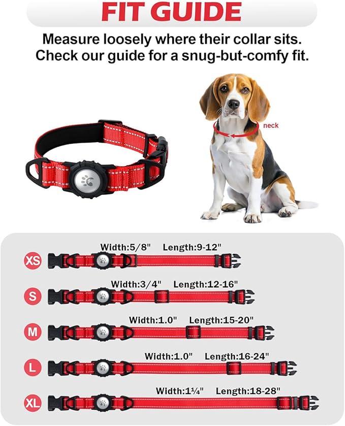 TagME Airtag Dog Collar,Waterproof Reflective Pet Collar with Airtag Holder,Soft Padded and Double D-Rings for Medium Dogs,Red