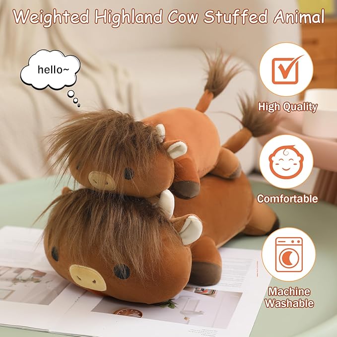 SQEQE Weighted Highland Cow Plush, Weighted Highland Cow Stuffed Animal, Cute Cow Plushies Soft Pillow Toy Gift for Kids Adults 13.8 Inch, 1.6 Lbs