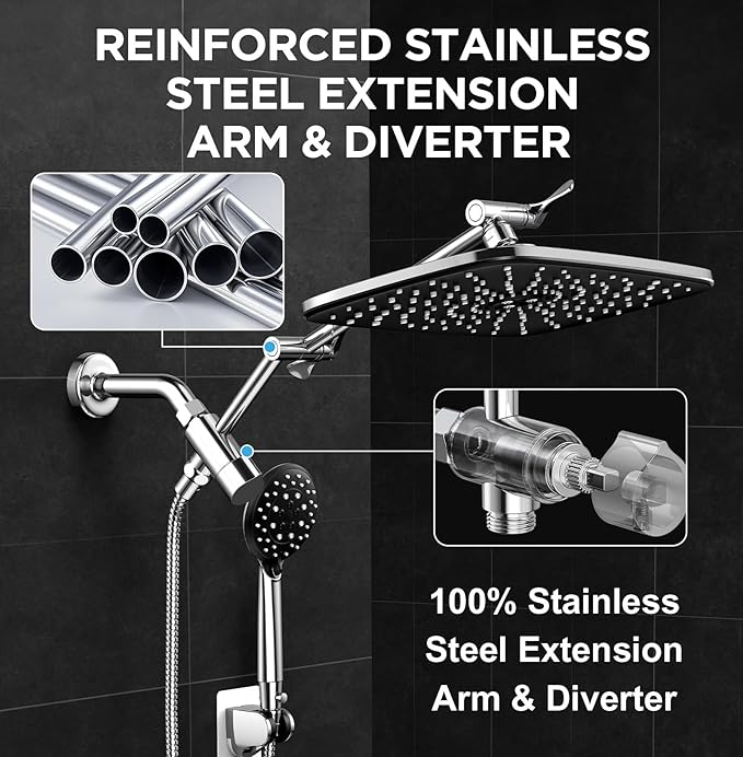 Veken Wide Rain Shower Head with Metal Main Body, High Pressure Showerhead with 6 Mode Handheld Spray Combo for Bathroom Accessories, Home Decor Detachable Dual Shower with Extension Arm,Silver Chrome