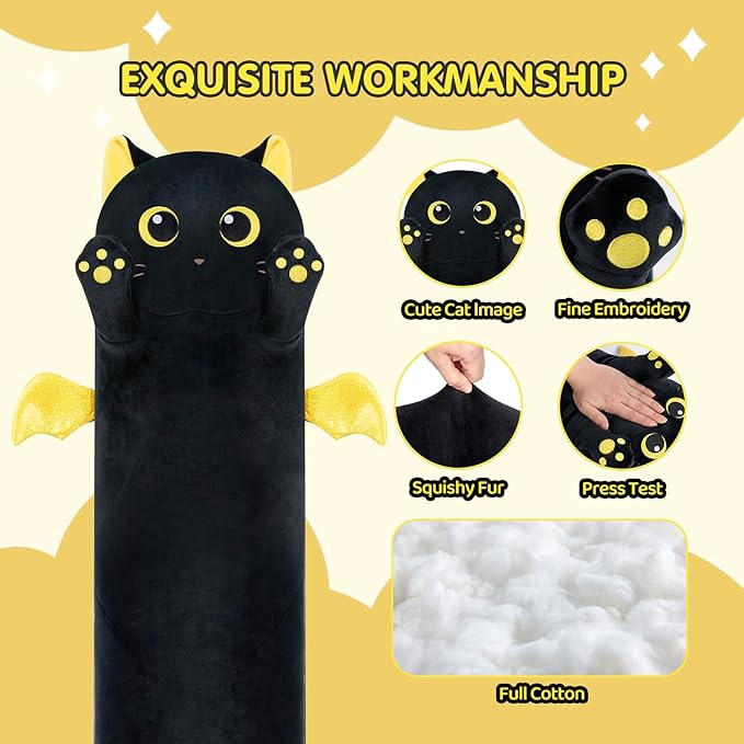 Long Cat Plush Body Pillow, 44” Cute Black Cat Stuffed Animals Plushies, Kawaii Big Squishy Plush Toys Gift for Kids Girls Boys