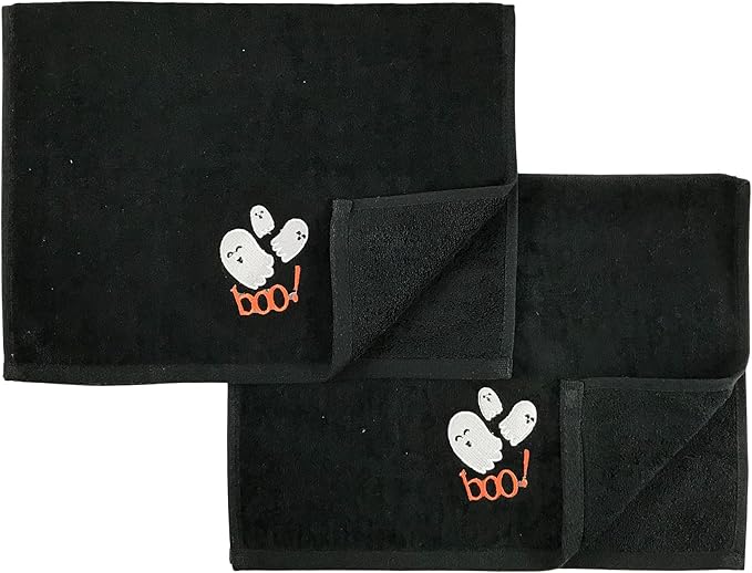 Halloween Bathroom Hand Towels Set of 2 – Cute Boo Ghost Design on Black Cotton - Decorative Bath or Kitchen Holiday Home Décor