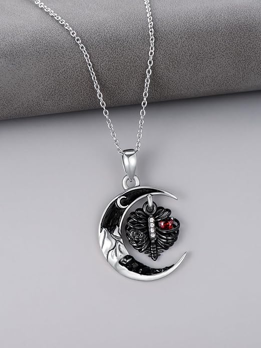 Gothic Jewelry Bat/Cat/Wolf/Dragon/Owl/Fox/Spider/Sun Pendant Sterling Silver Crescent Moon Necklace for Women Girls Black Jewelry Gifts
