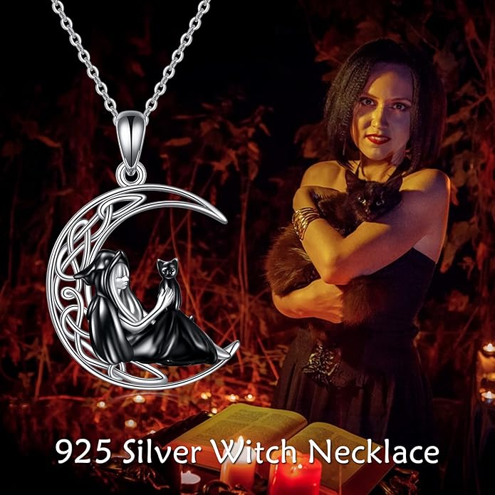 Witch Necklace Sterling Silver Witch/Skull Moon Pendant Halloween Jewelry Gifts for Women