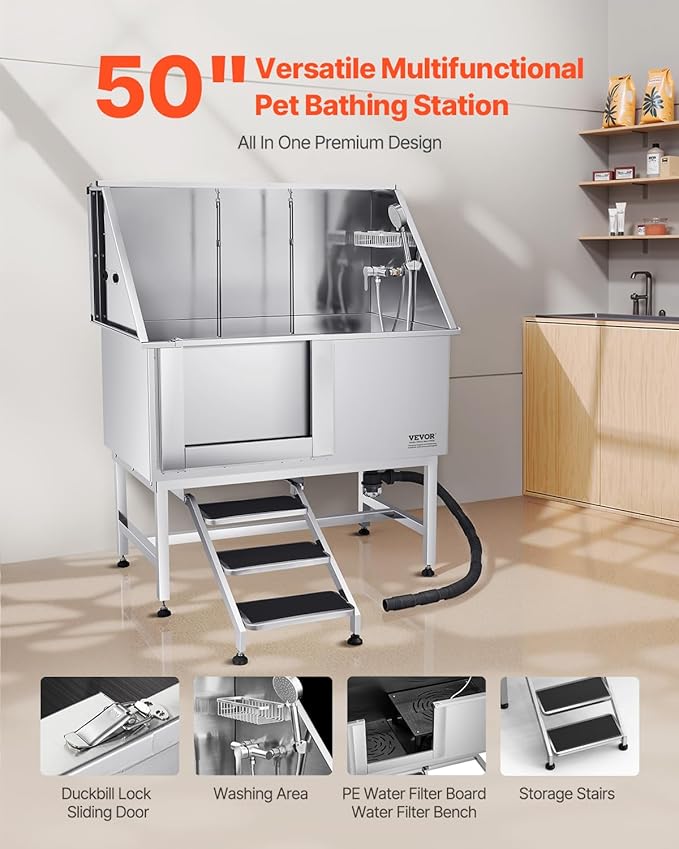 VEVOR Stainless Steel Dog Washing Station, Professional 50 inch Pet Grooming Tub w/Stairs, PE Water Filter Board, Faucet & Showerhead & Soap Holder Bathtub for Large & Medium & Small Pets (Left Door)