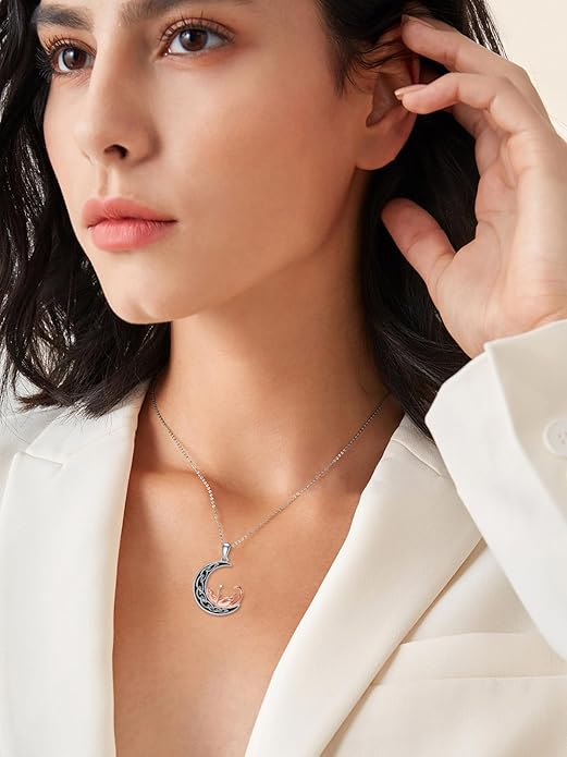 Fox/Cat/Axolotl/Sloth/Panda Necklace Crescent Moon Necklace 925 Sterling Silver Cute Animal Jewelry as Birthday Mothers Day Gifts for Women
