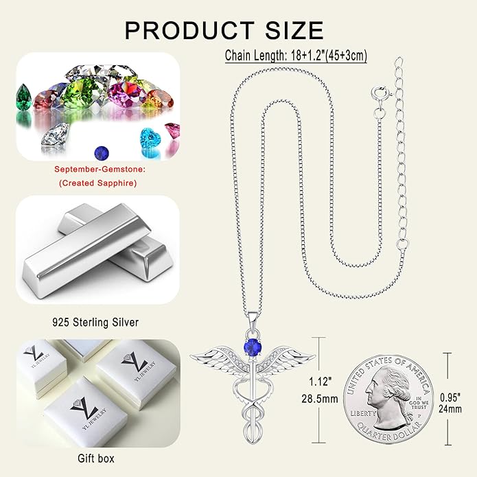 YL Caduceus Necklace Sterling Silver Doctor Nurse Themed Pendant Birthstone Angel Wings Snake Jewelry for Women