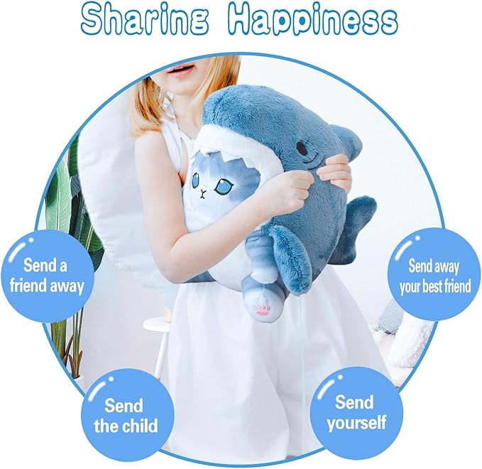 Kawaii Shark Cat Plush Toy Stuffed Animal Doll, Cute Soft Pillow Stress Release Hugs Toys Christmas Halloween Birthday Gifts for Kids Boys Girl Best Gift (Blue - Grey,12 inch)