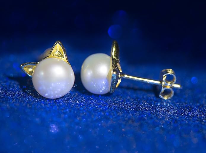 Wicary Cat Earrings Sterling Silver Pearl Earrings for Women Cat Stud Earring for Cat Lovers