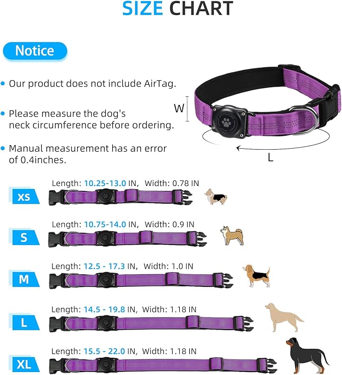 Upgraded AirTag Dog Collar, IP68 Waterproof Air Tag Dog Collar Holder, Reflective, Ultra-Durable, Comfortable Padded, Heavy Duty Dog Collars for Small Medium Large Dogs (XL (15.6"-22"), Purple)