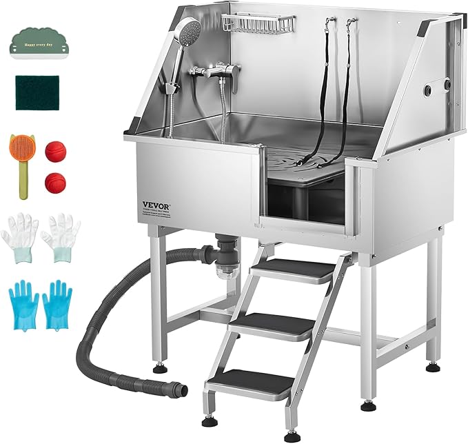 VEVOR Stainless Steel Dog Washing Station, 38 inch Pet Grooming Tub w/Storage Stairs, Faucet & Showerhead & Soap Holder Dog Bathtub for Medium & Small Pets (Right Door)