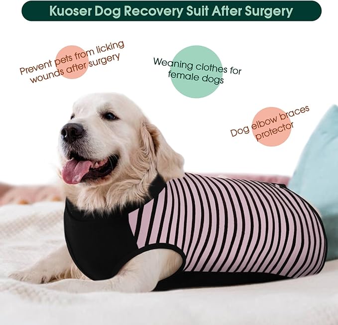 Kuoser Dog Recovery Suit, Anti Licking Dogs Rear Leg Sleeve, Abdominal Dog Surgical Suit with Pants Cover Protect Wounds, Dogs Elbow Protector Soft Pet Surgery Onesie Cone Alternative, Pink L
