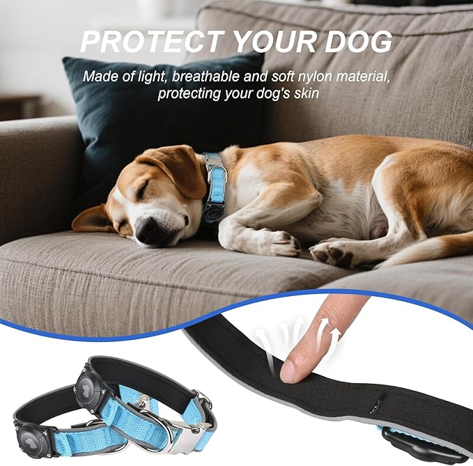 Waterproof Airtag Dog Collar - Nylon Collar with Durable Airtag Holder, Reflective&Anti-Lost with Safety Metal Buckle, Soft Padded Adjustable for Small Medium Large Dogs Blue M